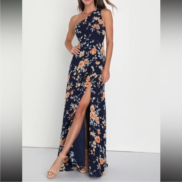 *NEW* Lulu’s Elegant Admiration Navy Floral One Shoulder Maxi Dress - Picture 1 of 14